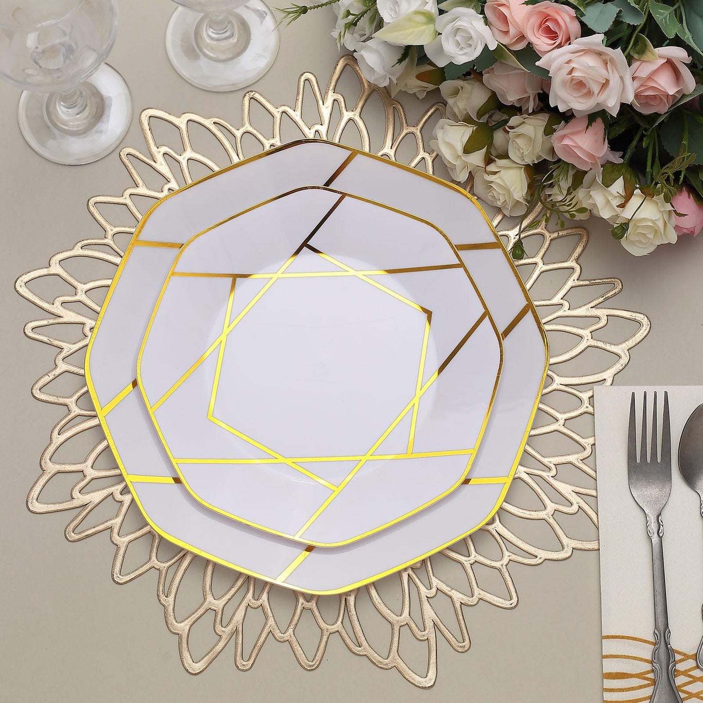 8" White and Gold Geometric Design Disposable Dessert Plates