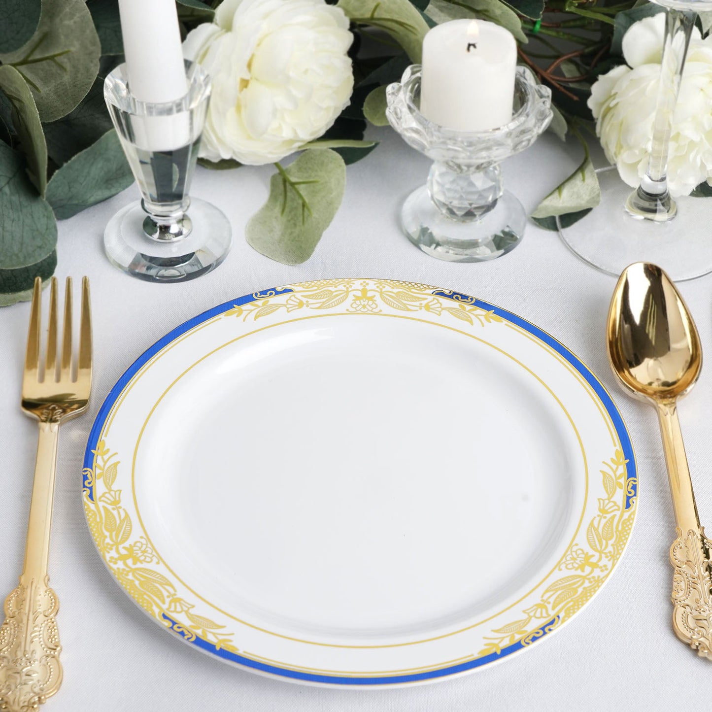 10 Pack | White With Royal Blue Rim 8inch Plastic Appetizer Salad Plates, Round Gold Vine Design