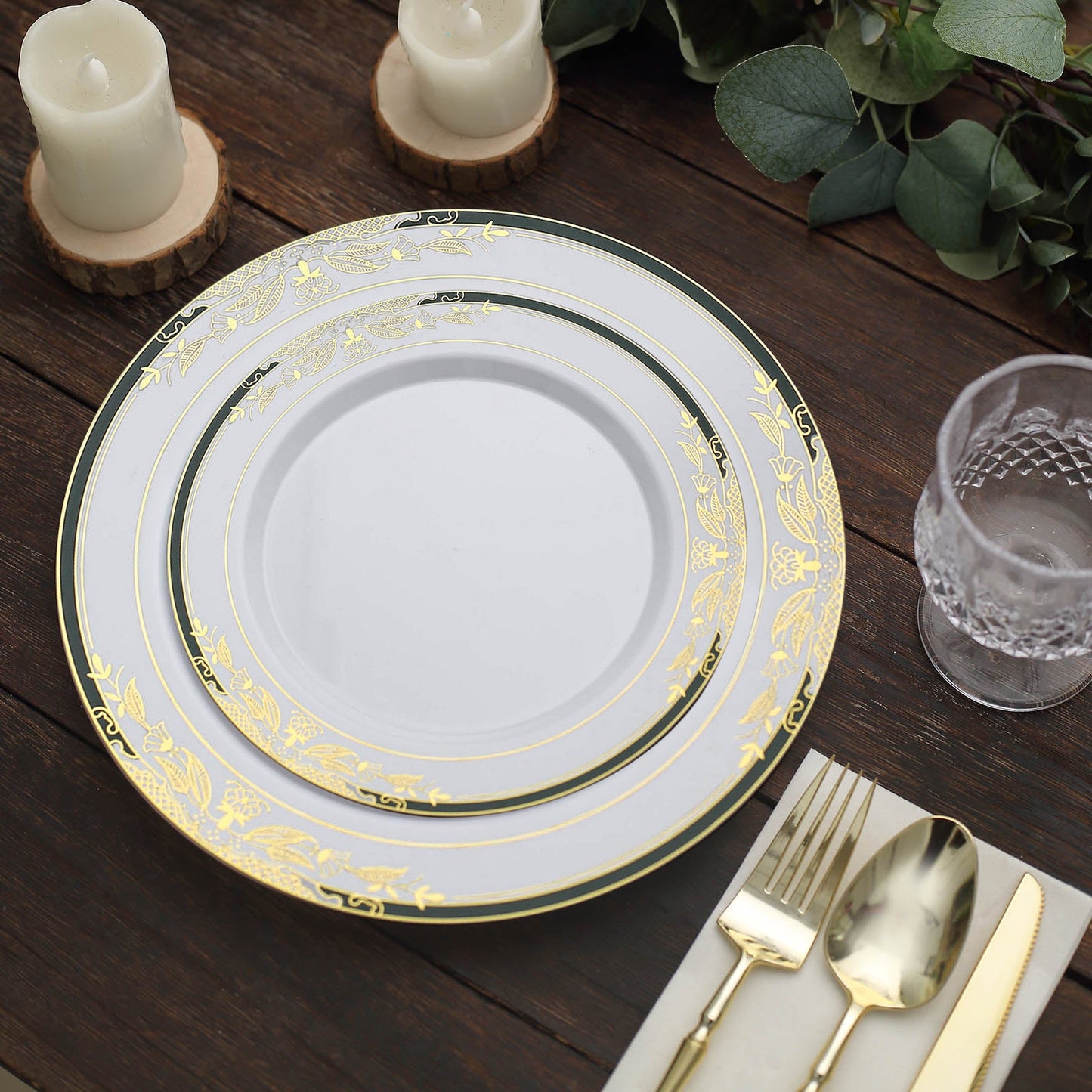 8" White Plates with Hunter Emerald Green Rim and Gold Vine Design