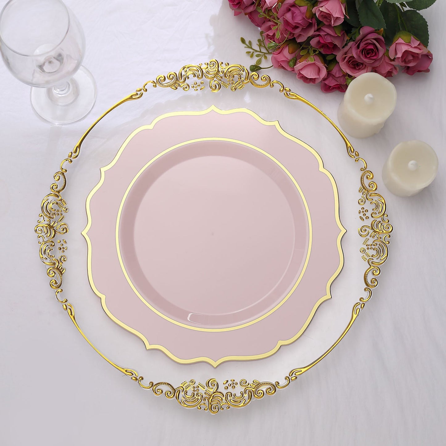 Disposable Blush Rose Gold Dinner Plates With Gold Rim 10 Pack