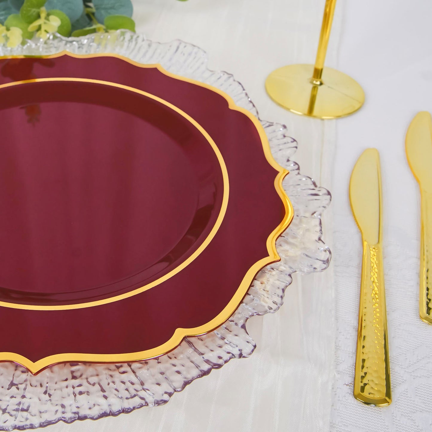 10 Pack of Burgundy Round Plastic 10 Inch Disposable Dessert Plates with Gold Scalloped Rim