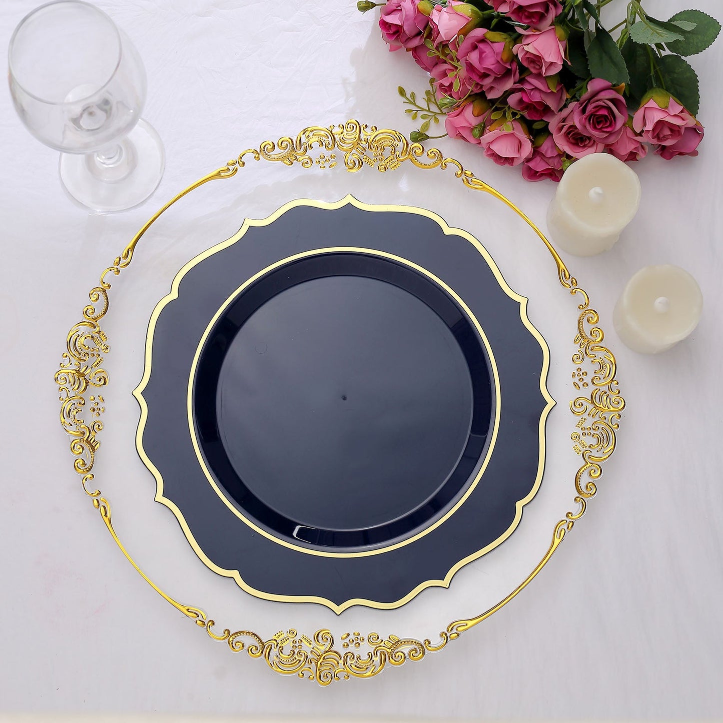Disposable Navy Blue Plates 10 Pack 10 Inch With Gold Scalloped Rim