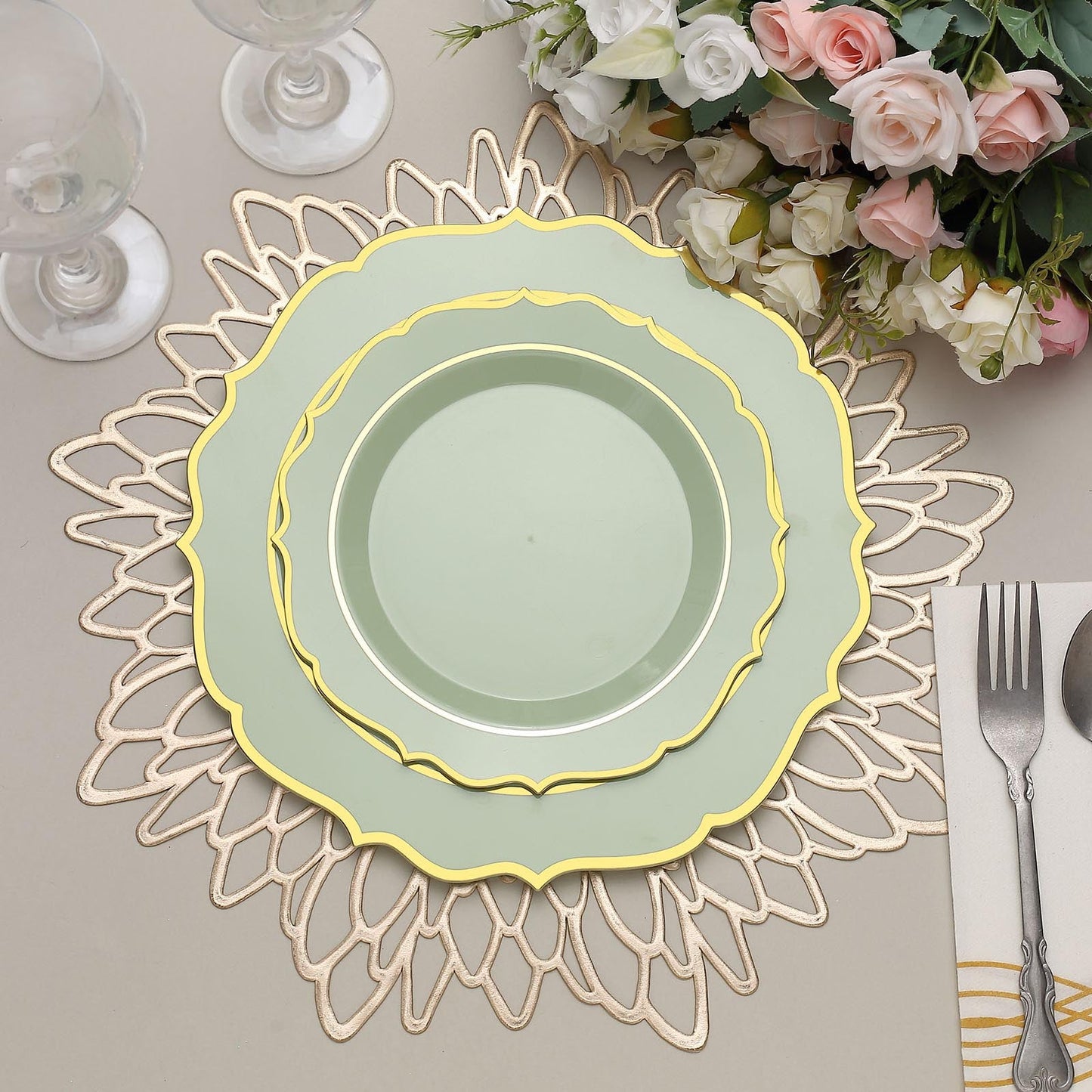 Disposable Sage Green 8 Inch Plastic Plates With Gold Rim