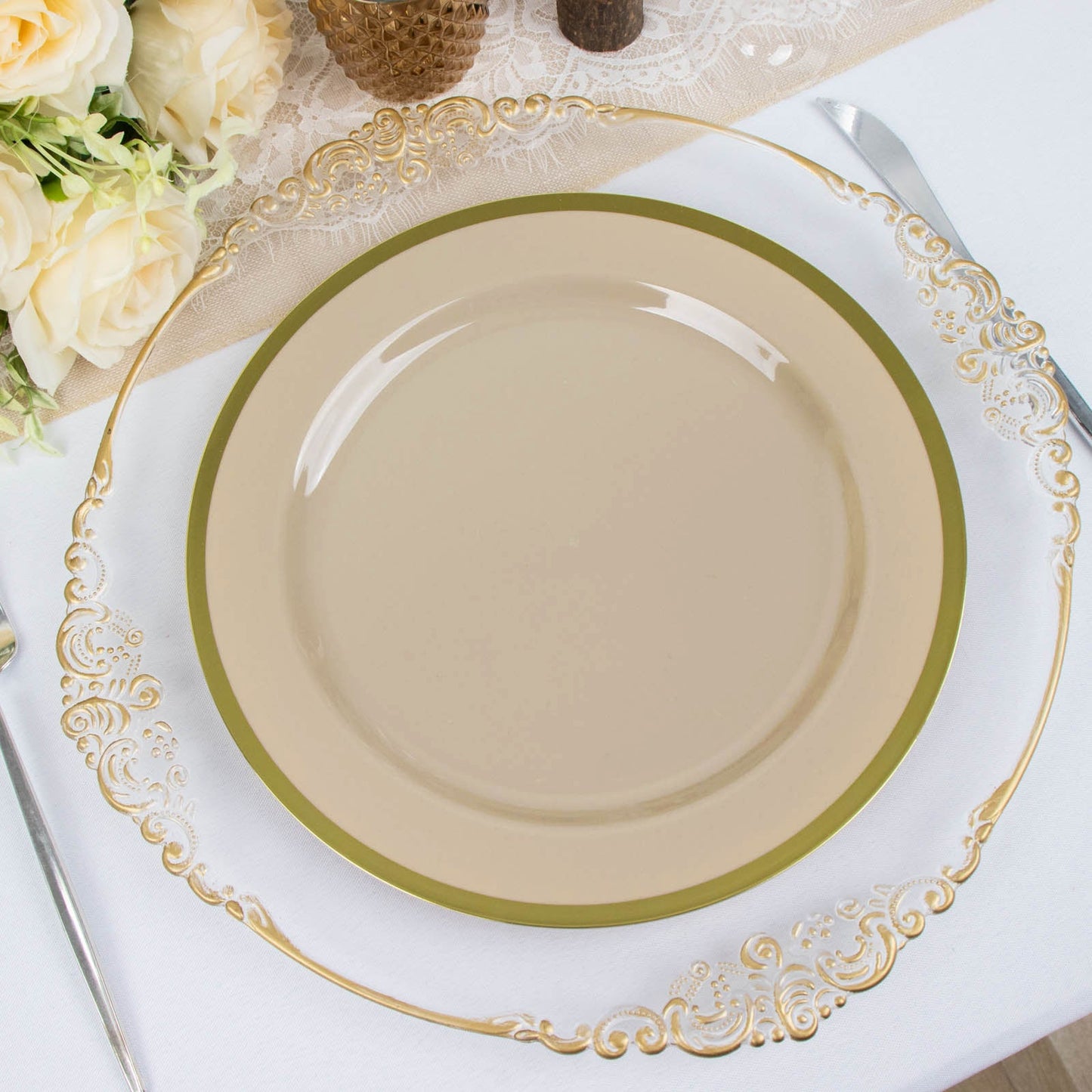 10 Pack | 10inch Regal Taupe and Gold Round Plastic Dinner Plates