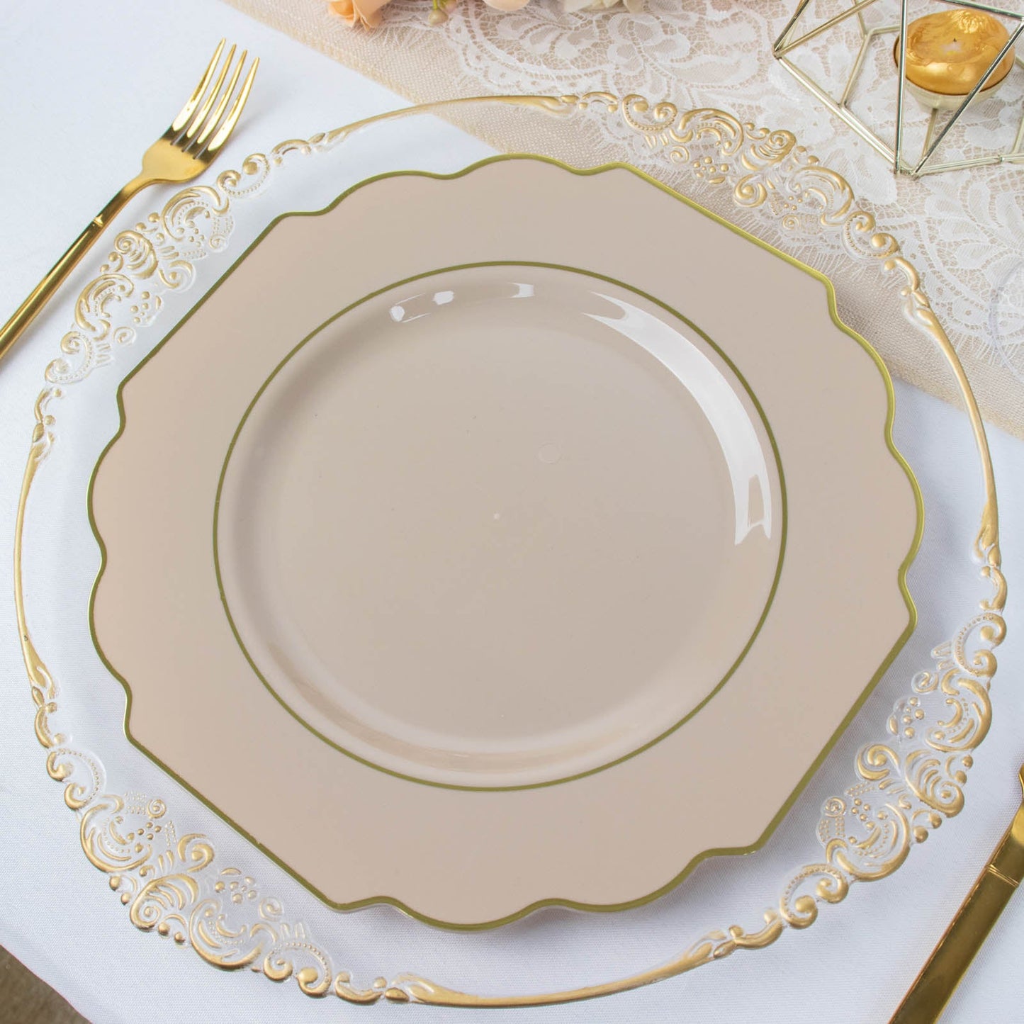 10 Pack | 11inch Taupe Hard Plastic Baroque Dinner Plates with Gold Rim