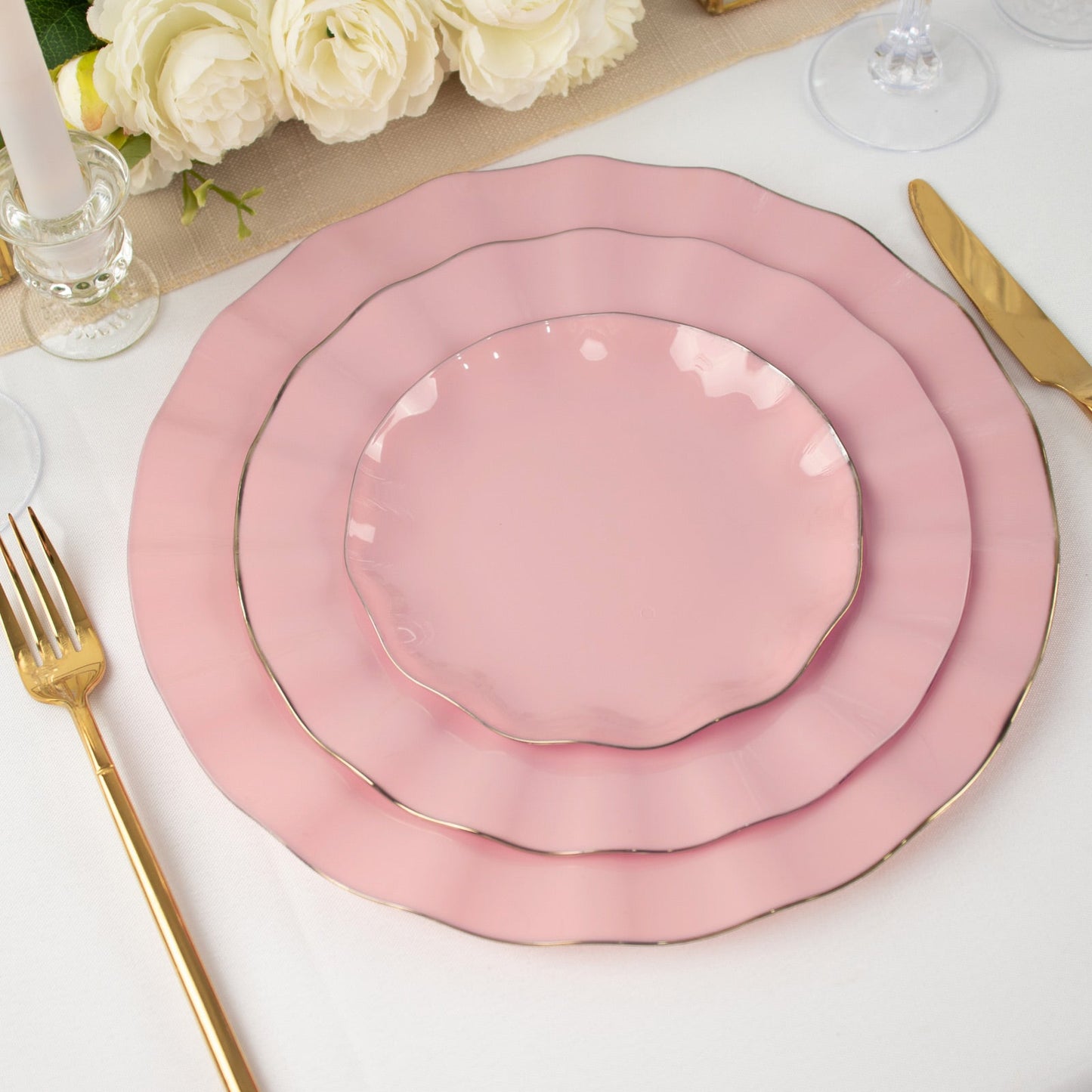 10 Pack | 11inch Dusty Rose Hard Plastic Dinner Plates with Gold Ruffled Rim, Dinnerware