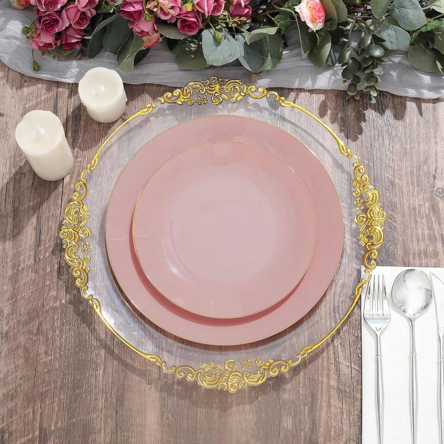 Glossy dusty rose round plastic dessert plates with gold rim.