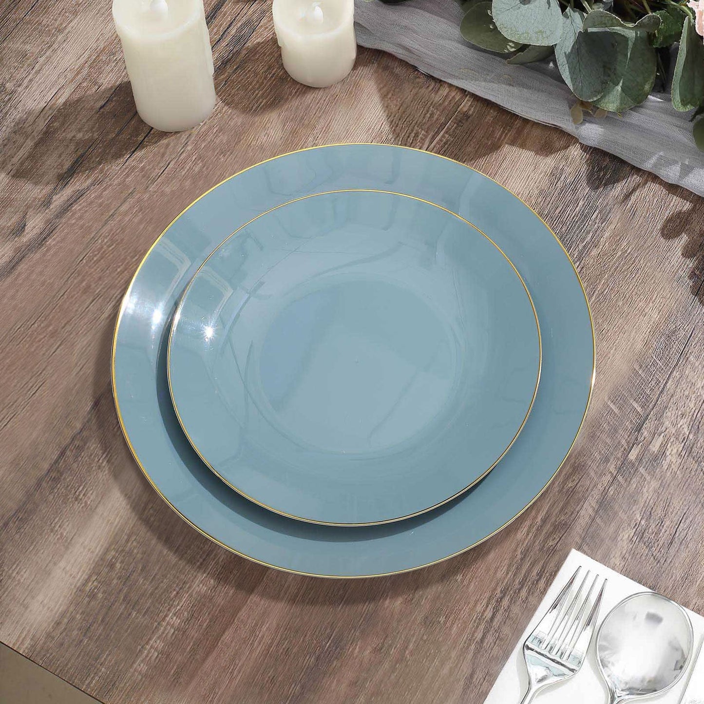 Pack Of 10 Gold Rimmed Dusty Blue 8 Inch Plastic Dessert Plates