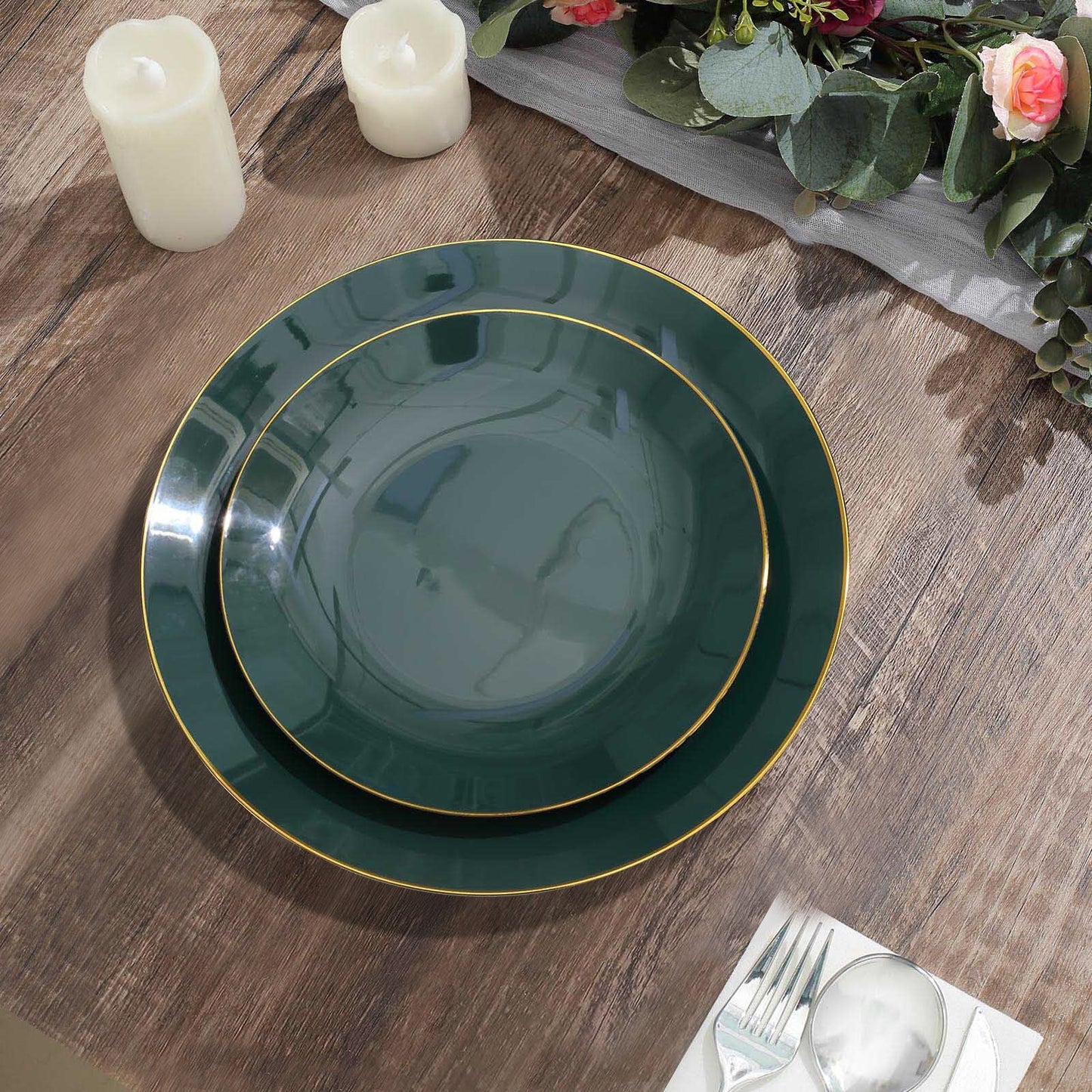 Gold Rimmed Hunter Emerald Green Plastic Dessert Plates 10 Pack