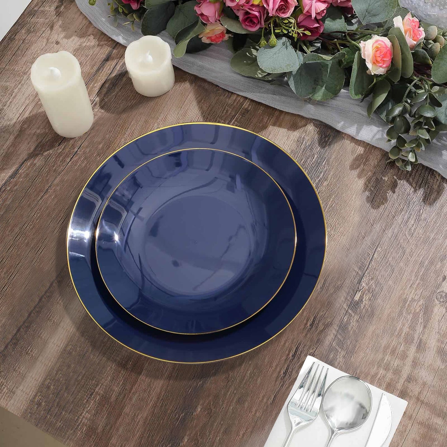 Gold Rimmed Navy Blue Plastic Dessert Plates 10 Pack