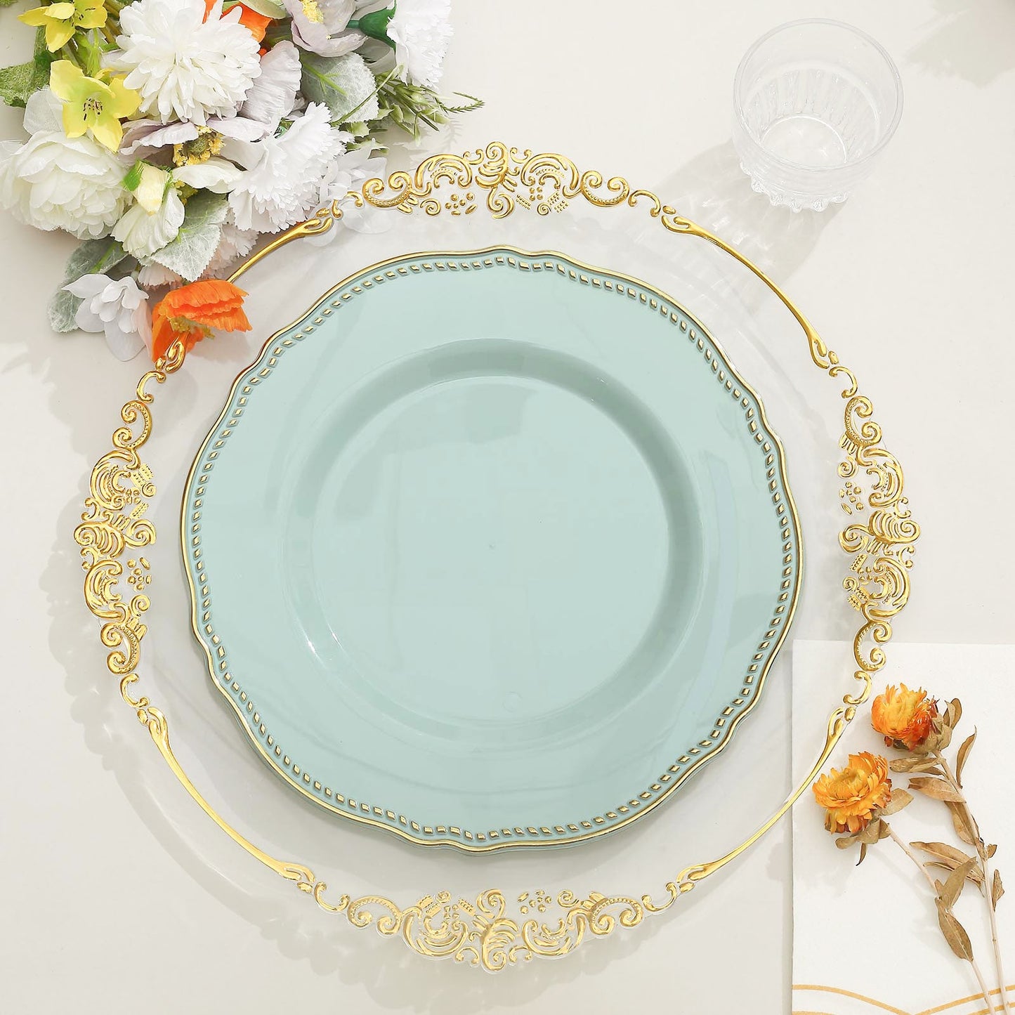 10" jade scalloped rim plastic dinner plate with gold trim.