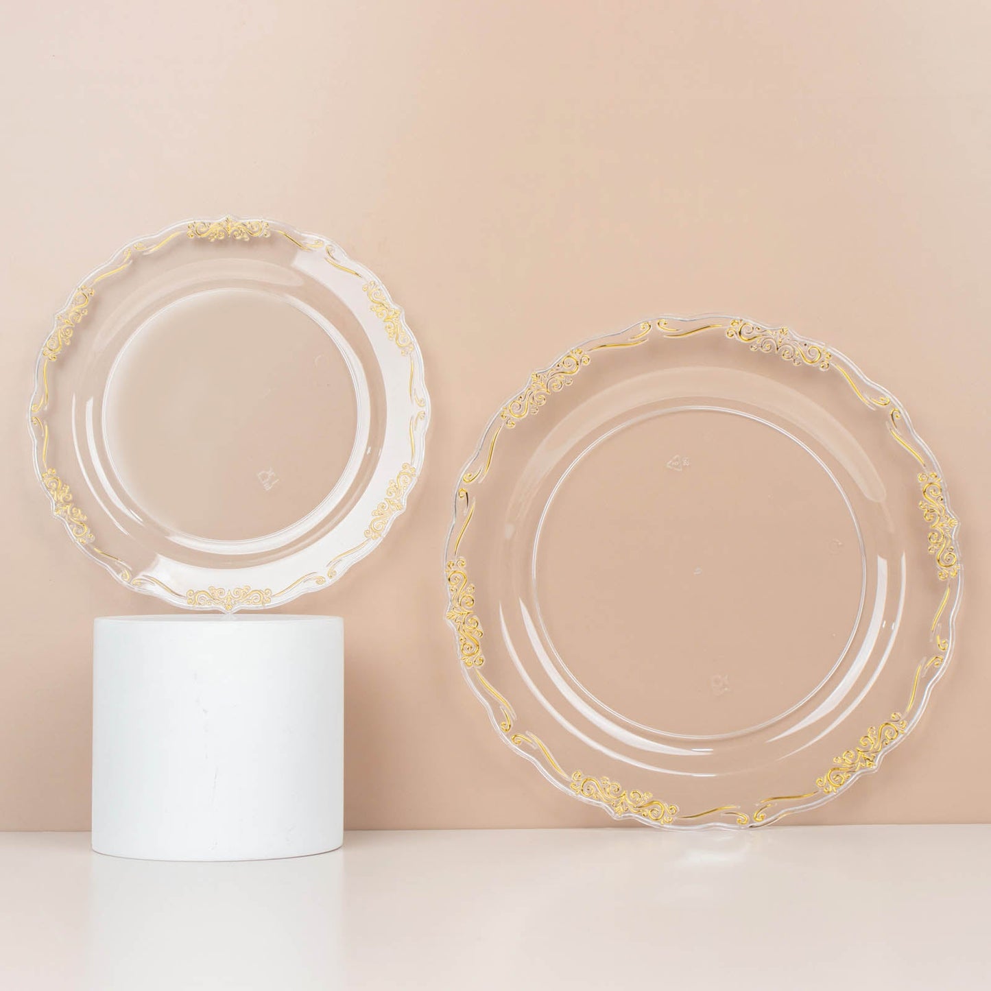 10 Pack | 7inch Gold Vintage Rim Clear Hard Plastic Dessert Plates With Embossed Scalloped Edges