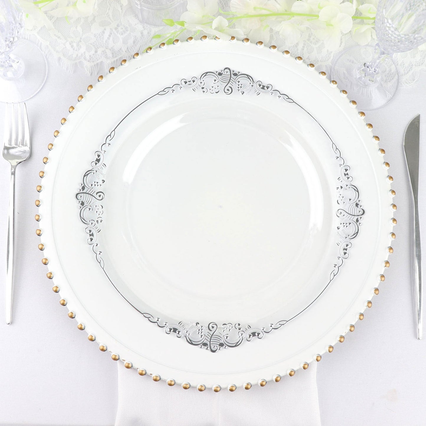 10 Inch Disposable Vintage Clear and Silver Leaf Embossed Baroque Style Round Plastic Plates 10 Pack