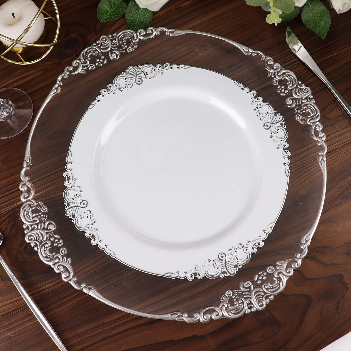 10 Inch Disposable Vintage White and Silver Leaf Embossed Baroque Style Round Plastic Plates 10 Pack