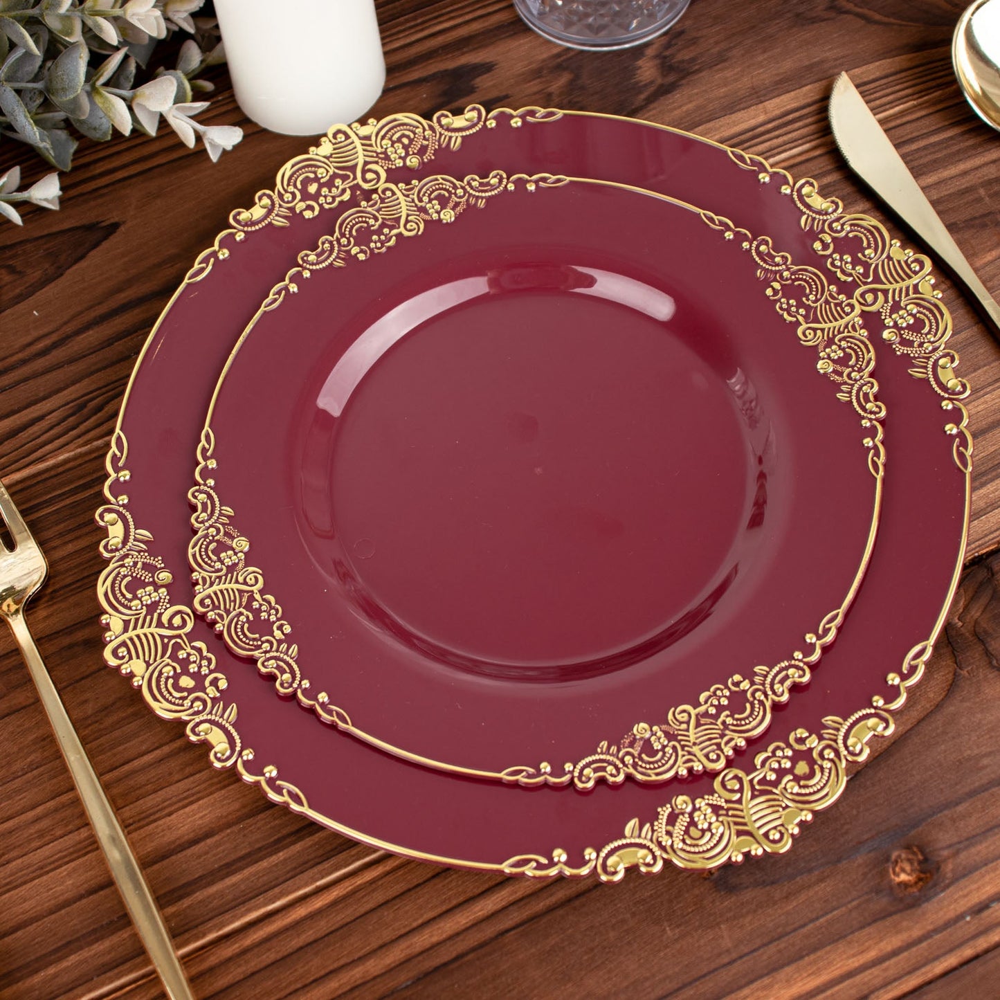 8 Inch Size Vintage Burgundy Plastic Plates With Gold Leaf Embossed Rim Plates