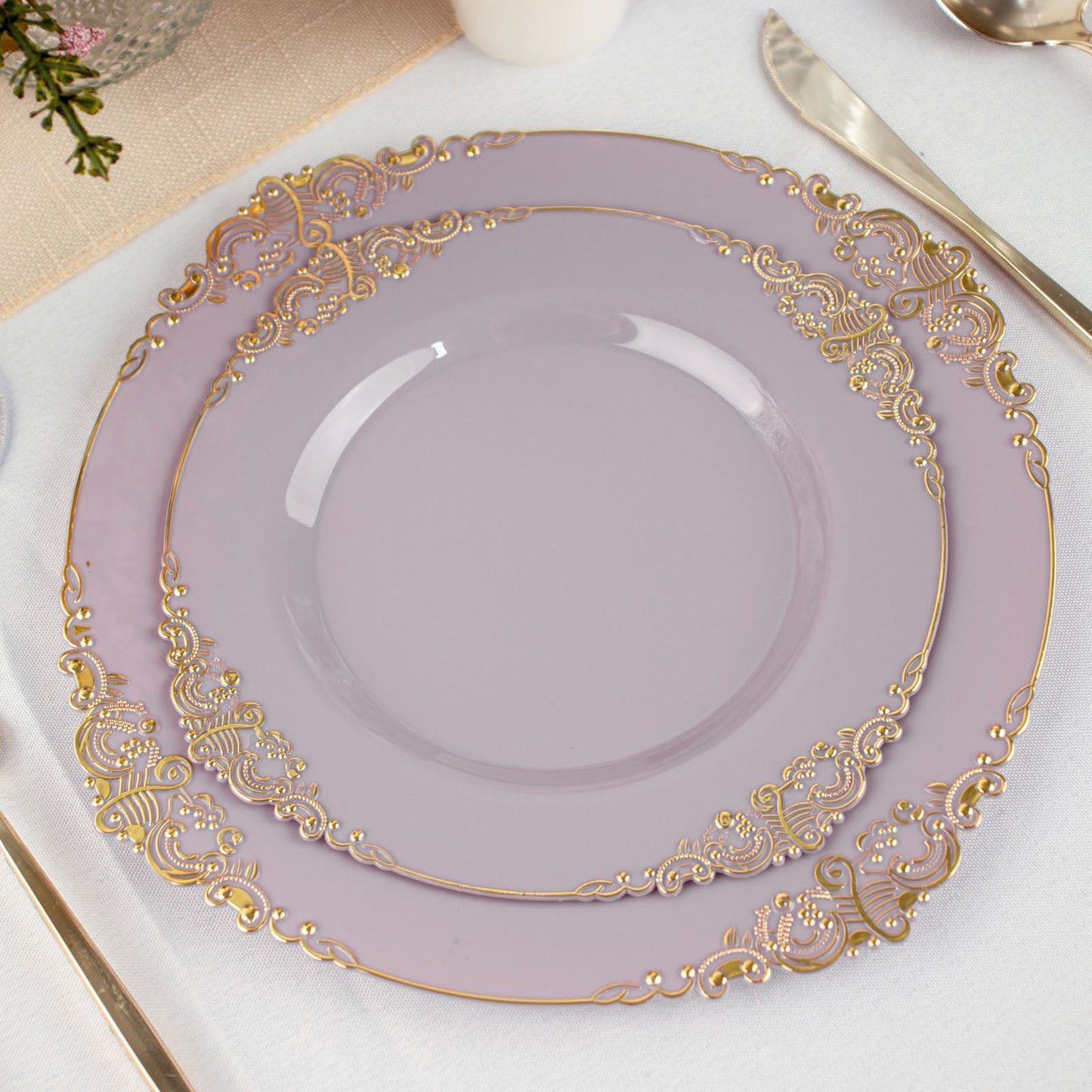 8 Inch Size Vintage Lavender Lilac Gold Leaf Embossed Rim Hard Plastic Plates