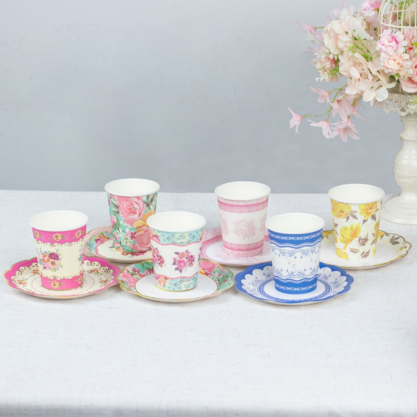 24 Pack | Vintage Mixed Floral Paper Tea Cup And Saucer Set