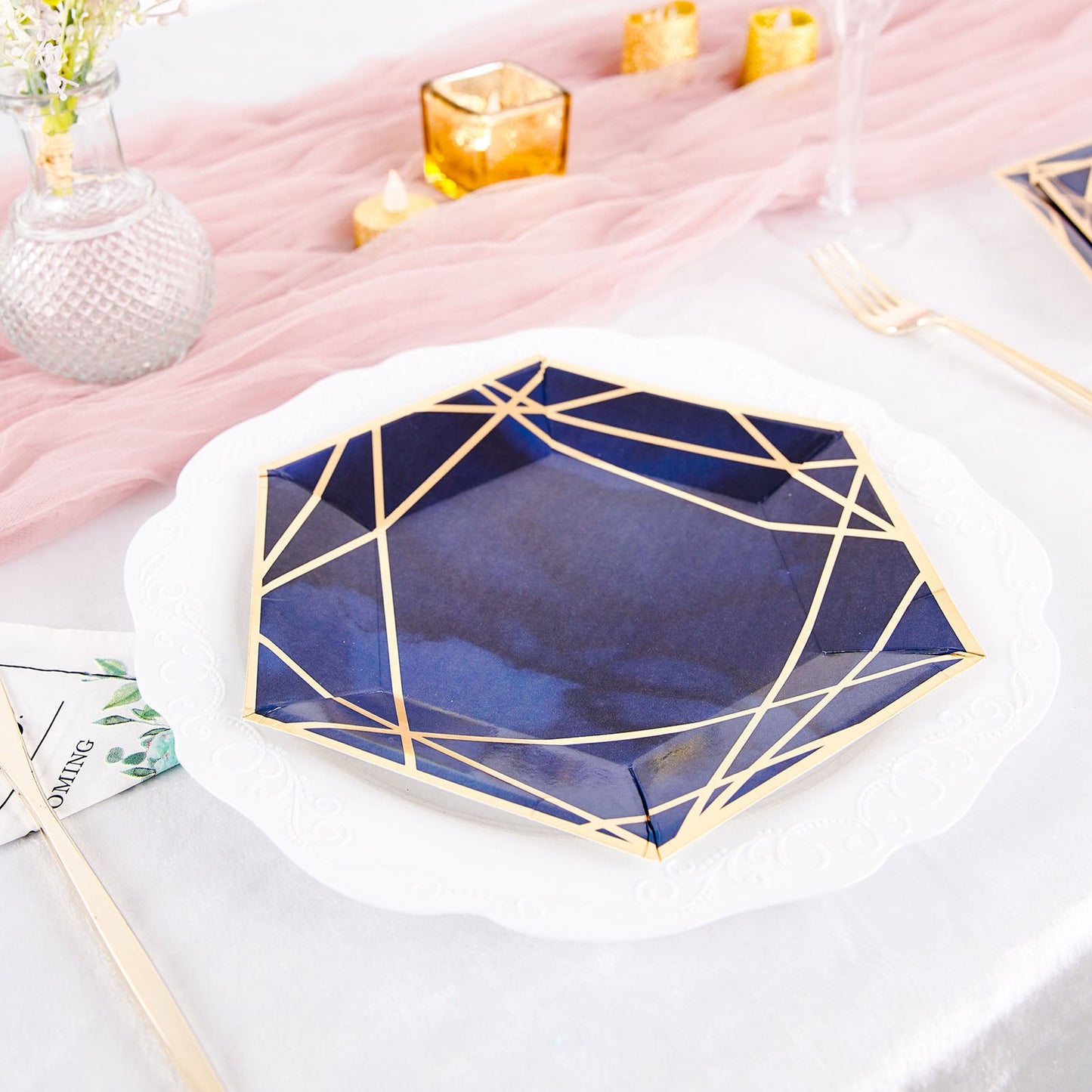 Navy Gold 7 Inch Disposable Geometric Hexagon Dessert Plates 25 Pack