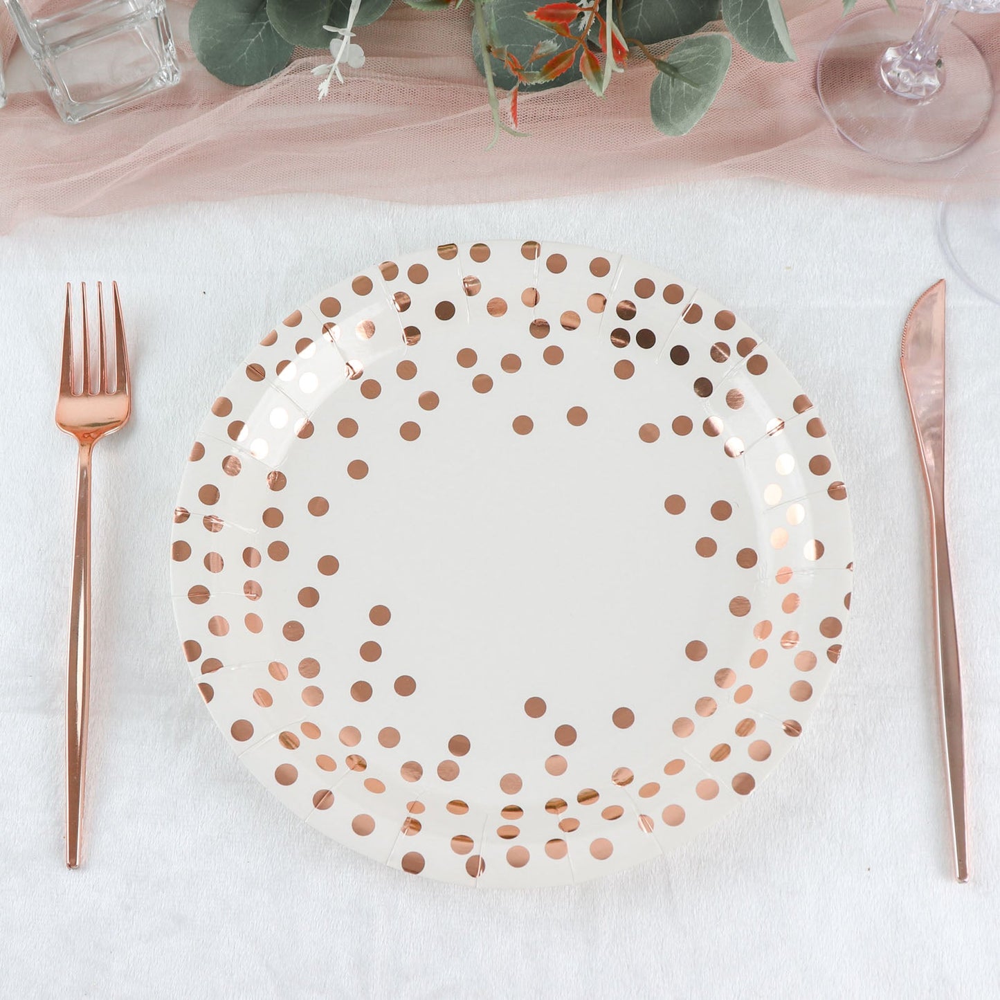 9 Inch Polka Dot Design White Metallic Rose Gold Dessert Disposable Paper Plates 300 GSM Pack of 25