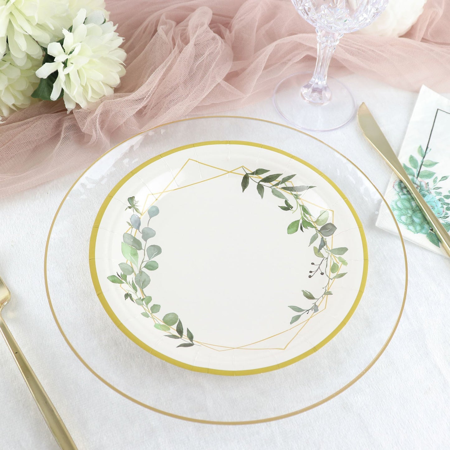 White Plates With Geometric Eucalyptus And Gold Rim 7 Inch