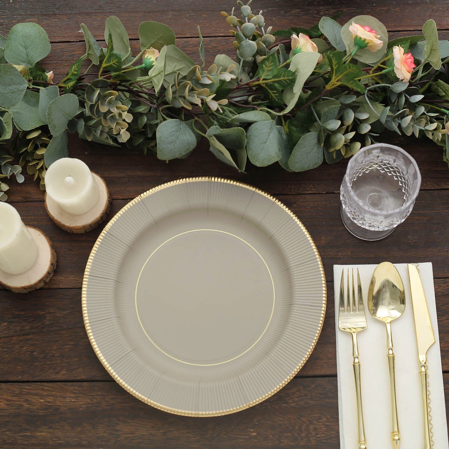 25 Pack | 10inch Taupe Gold Rim Sunray Heavy Duty Paper Dinner Plates