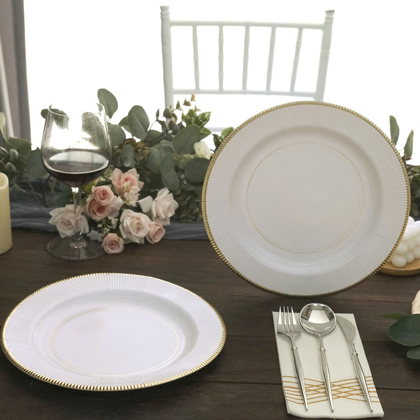 White Sunray Dinner Paper Plates 10 Inch Gold Rimmed 25 Pack