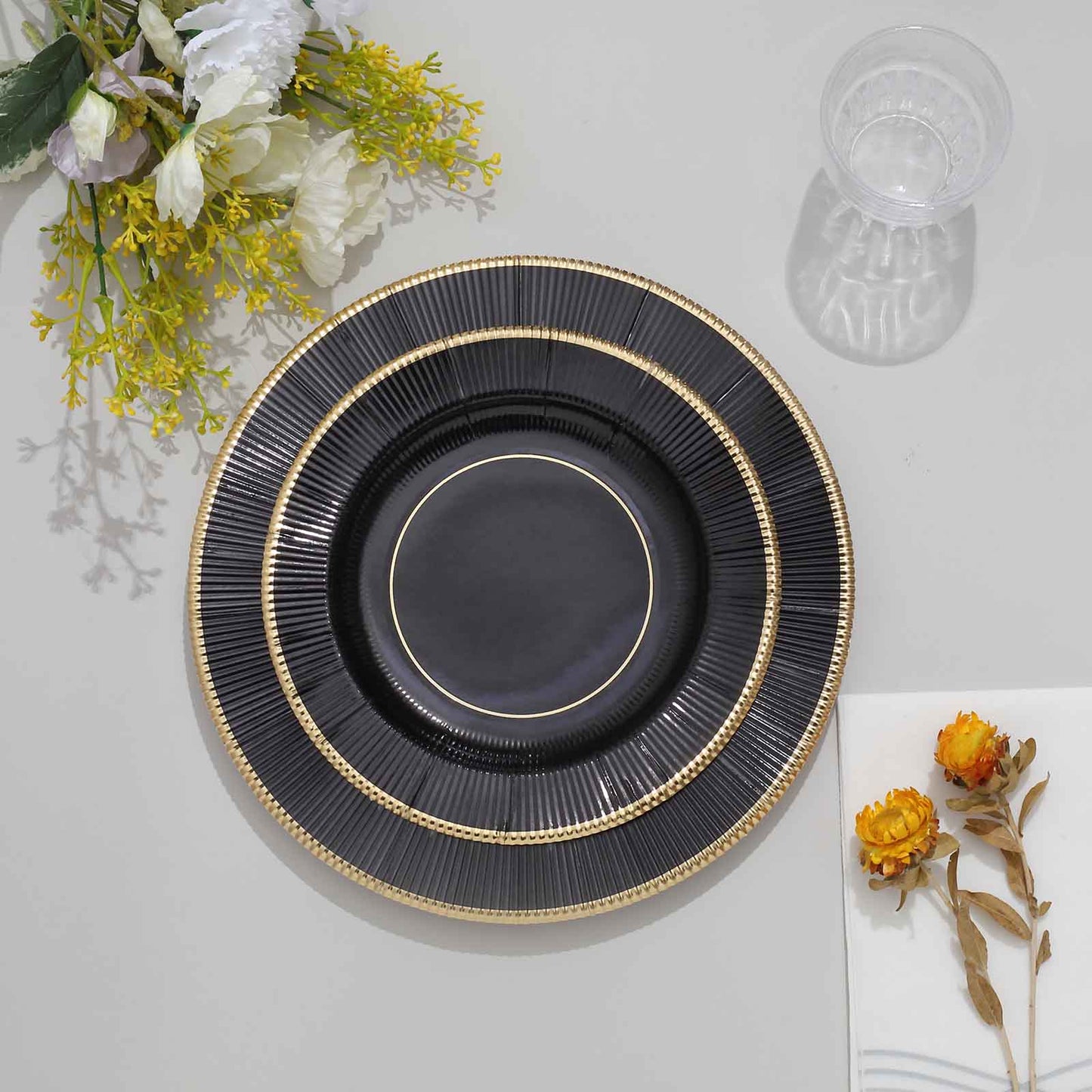 25 Pack Gold Rimmed Black Sunray Dessert Plates