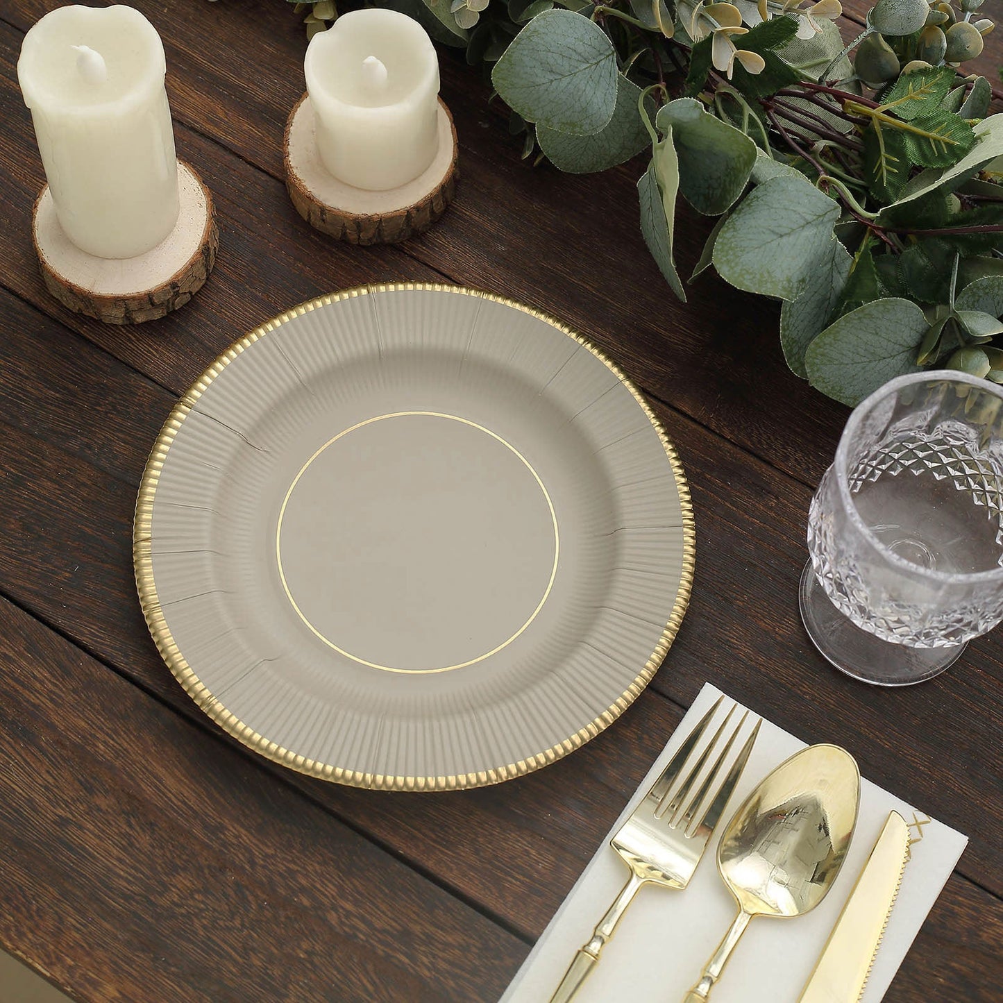 25 Pack | 8inch Taupe Gold Rim Sunray Heavy Duty Paper Dessert Plates