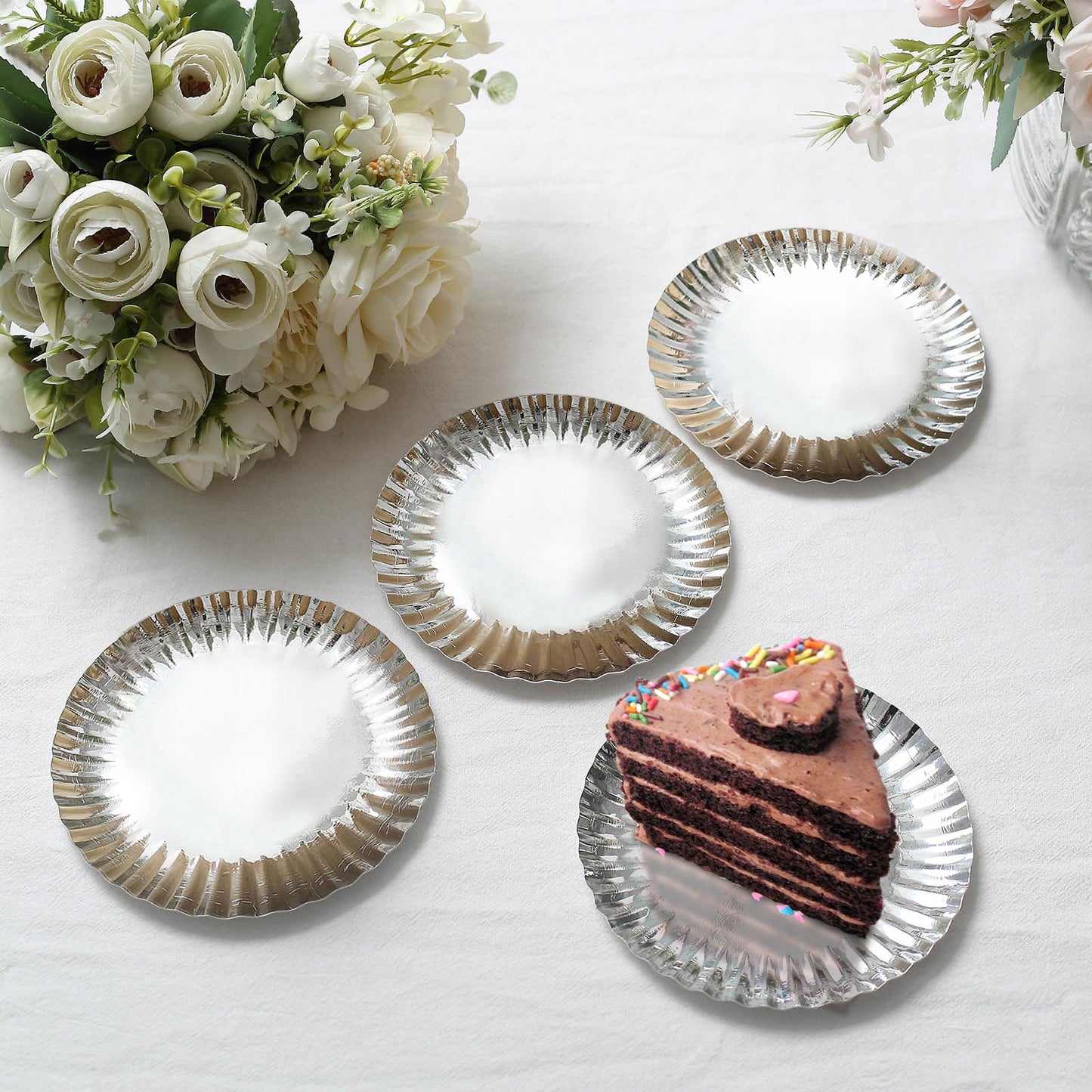 50 Pack | 5inch Metallic Silver Scalloped Rim Mini Paper Dessert Plates, Disposable Round Tapas