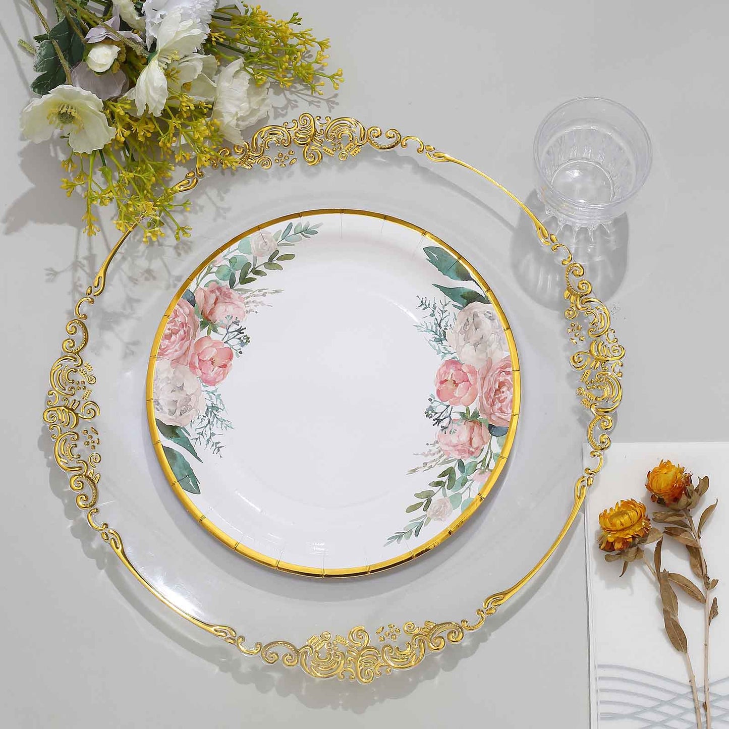 9 Inch Size White Floral Designed Paper Dinner Plates With Gold Rim