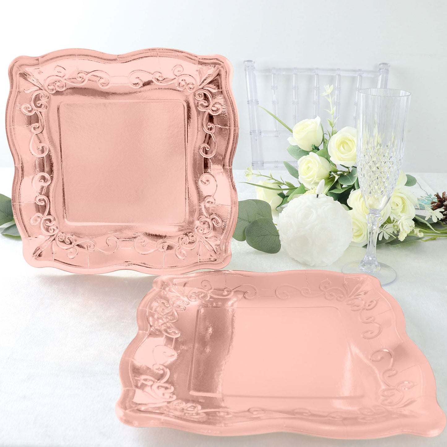 Rose gold square vintage dinner plates with embossed scroll design.