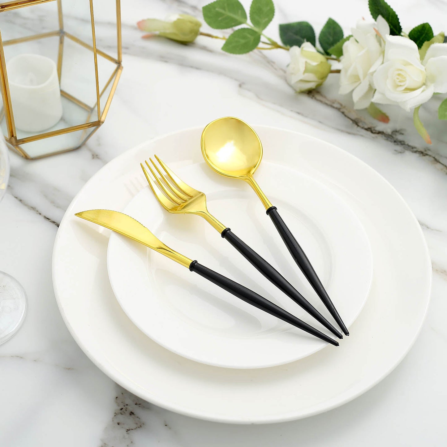 Modern Heavy Duty 8 Inch 24 Pack Gold Plastic Disposable Cutlery Set with Black Handle