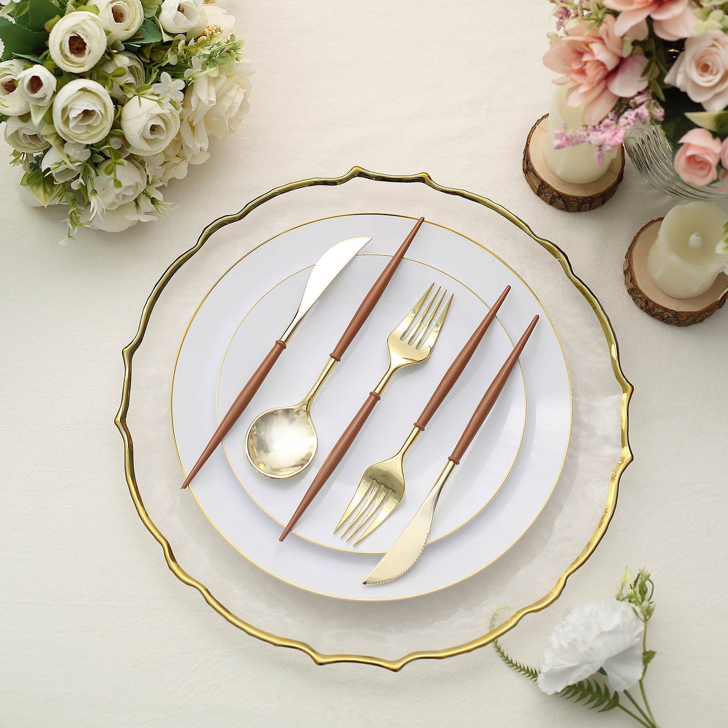 24 Pack | 8inch Metallic Gold With Brown Utensil Set, Modern Premium Plastic Silverware Set