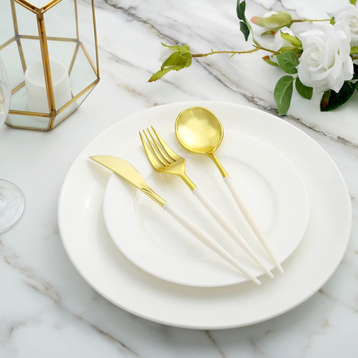 Modern Heavy Duty 8 Inch 24 Pack Gold Plastic Disposable Cutlery Set with Ivory Handle