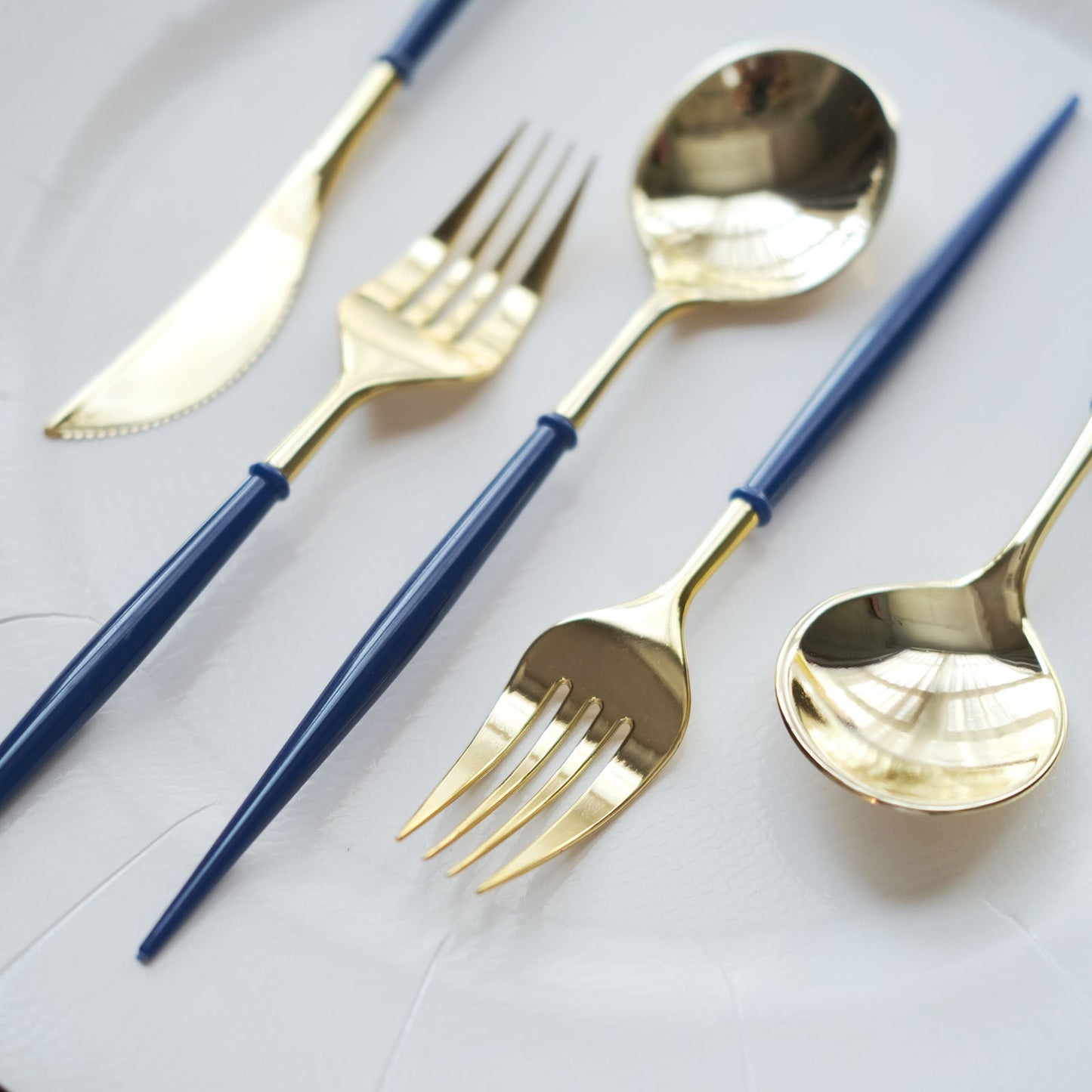 8 Inch Gold Plastic Utensils with Royal Blue Handle Pack of 24