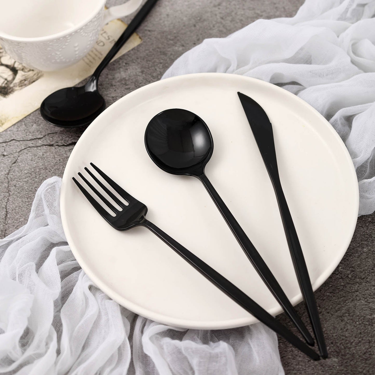 Black Plastic 8 Inch Knife Fork & Spoon Silverware Set 24 Pack Shiny Finish