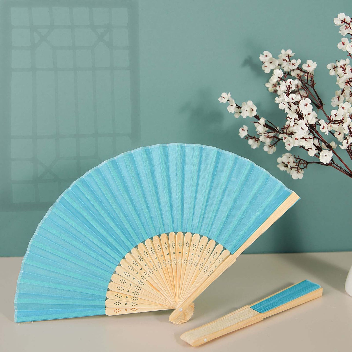 5 Pack Turquoise Asian Silk Folding Fans Party Favors, Oriental Folding Fan Favors