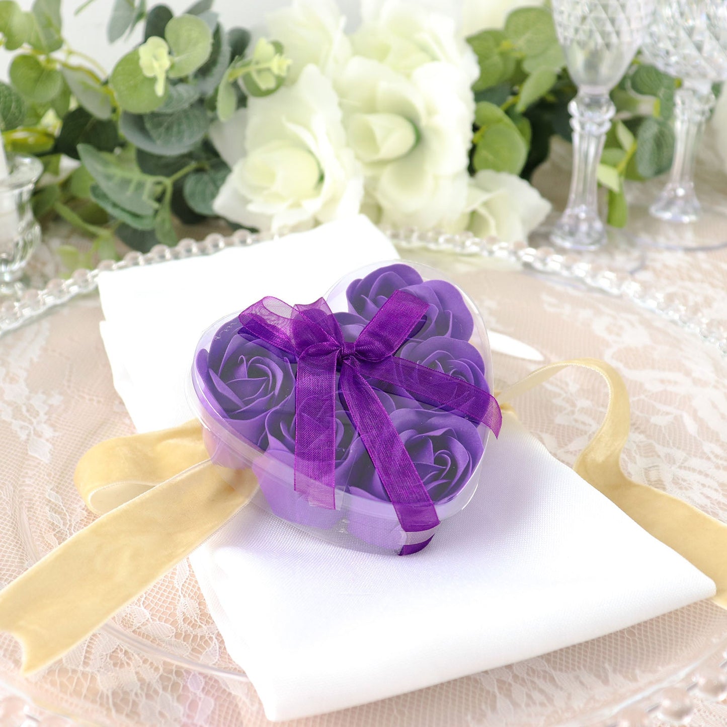 4 Pack | 24 Pcs Purple Scented Rose Soap Heart Shaped Party Favors With Gift Boxes And Ribbon