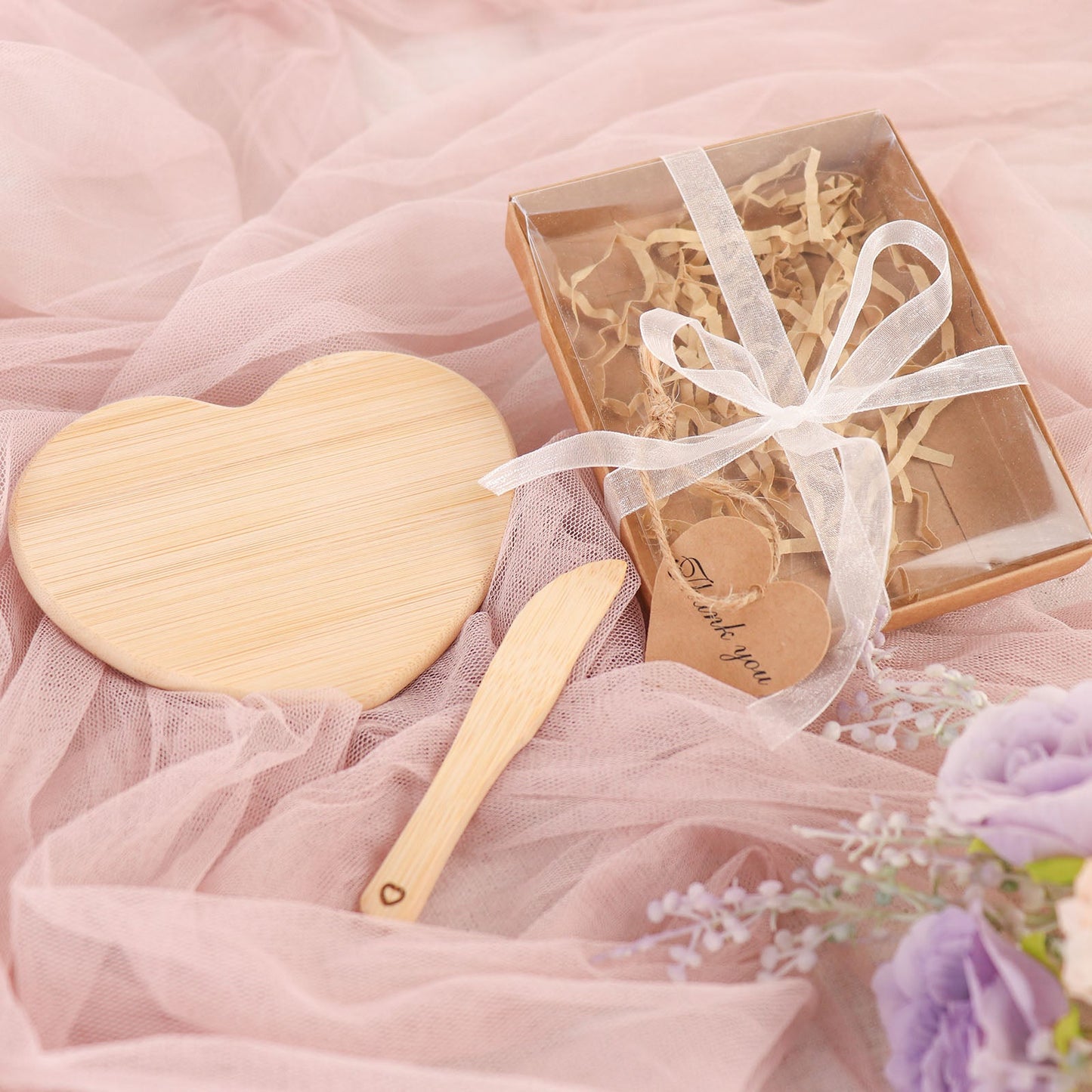 Heart Shaped Bamboo Brie Cheese Board and Knife Set Party Favor Clear Gift Box, Ribbon Thank You Tag