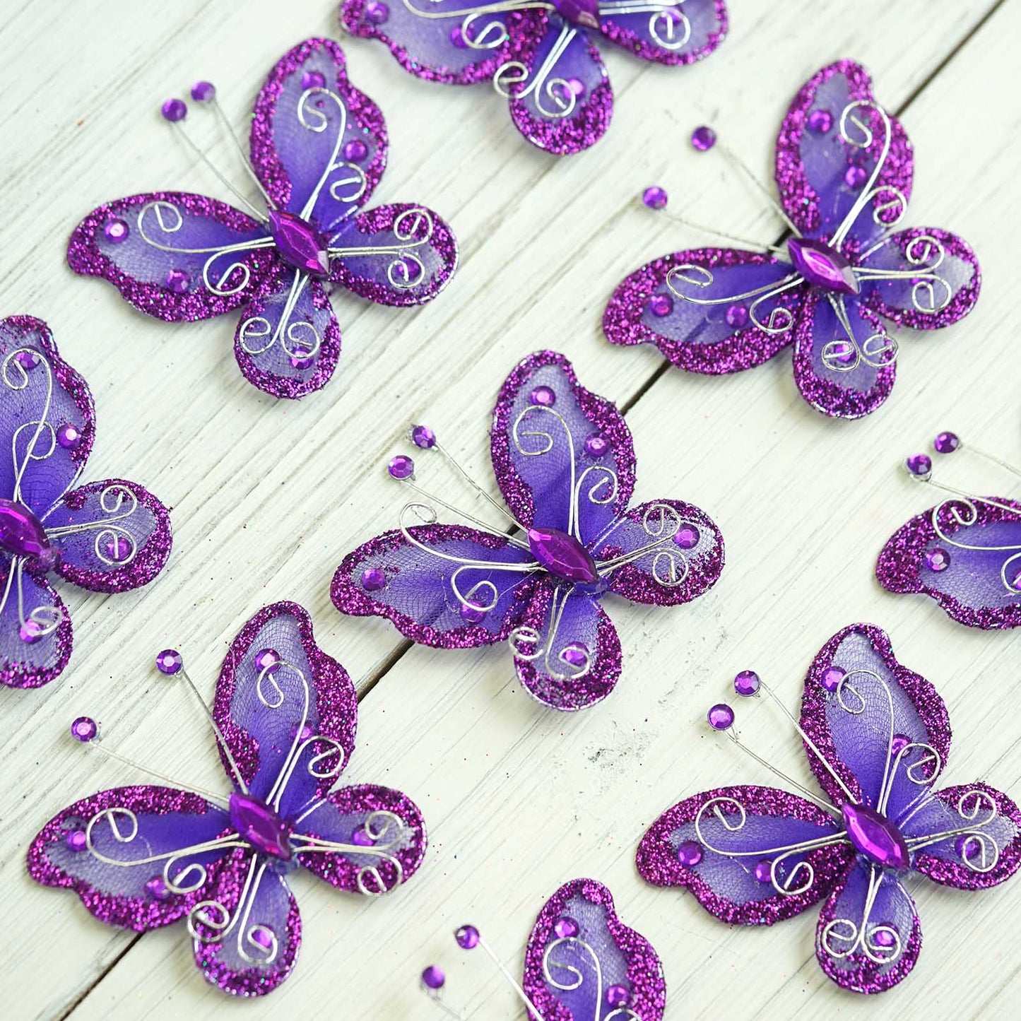 Purple diamond studded wired organza butterflies, 12 pack.