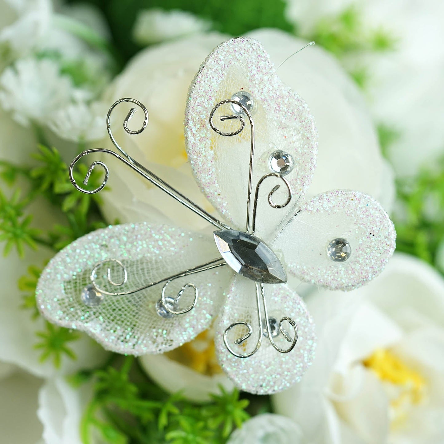 White Diamond Studded Organza Butterflies 12 Pack Wired 2 Inch