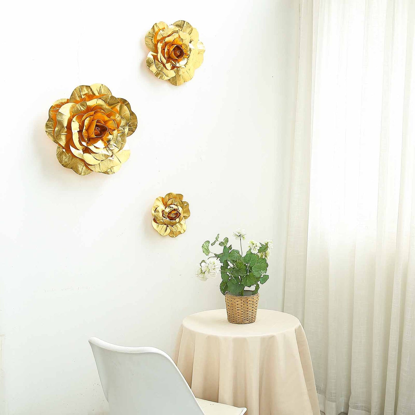 Large metallic gold artificial foam roses for DIY crafts.