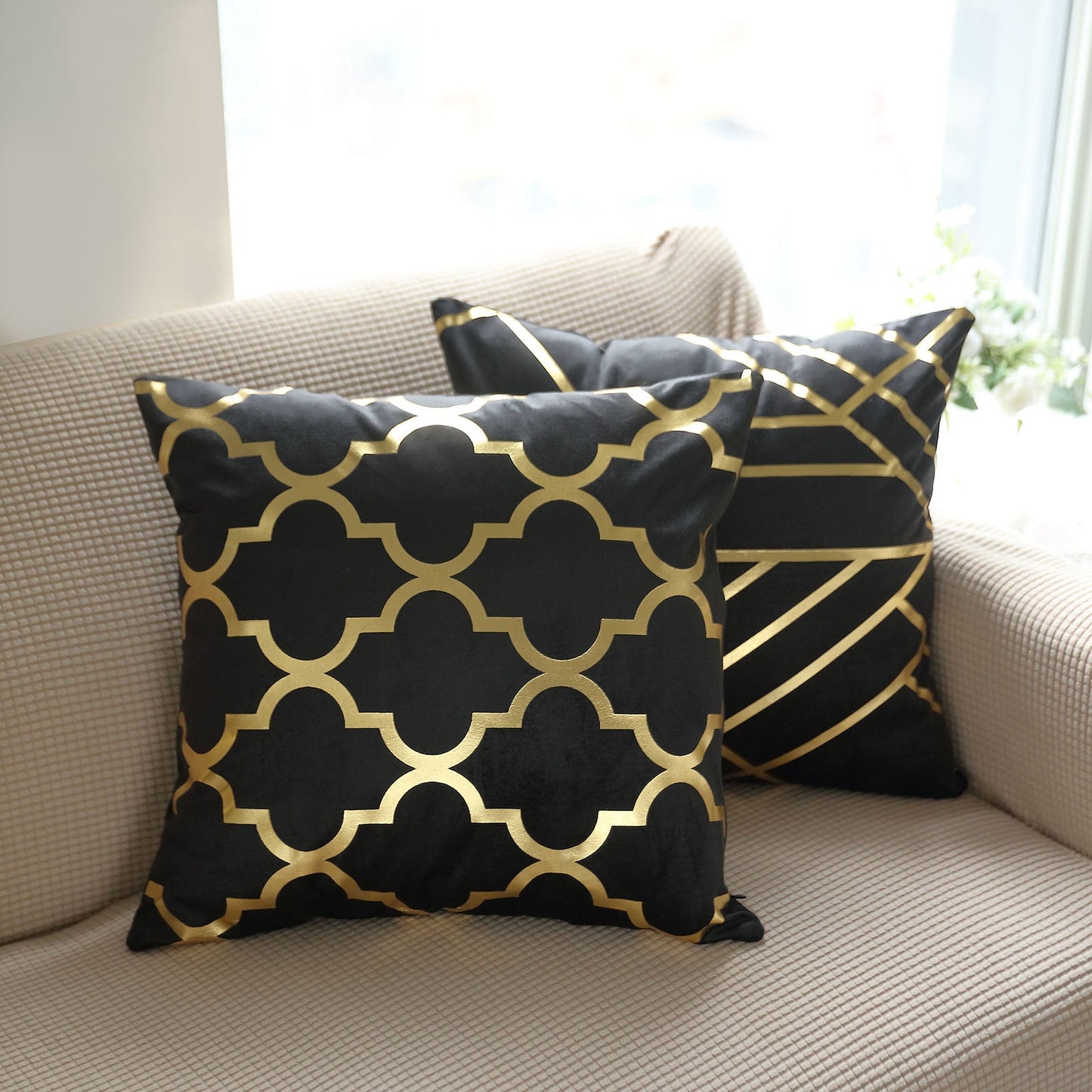 Gold Foil Geometric Print On Black Velvet 18 Inch Pillow Covers Set Of 4