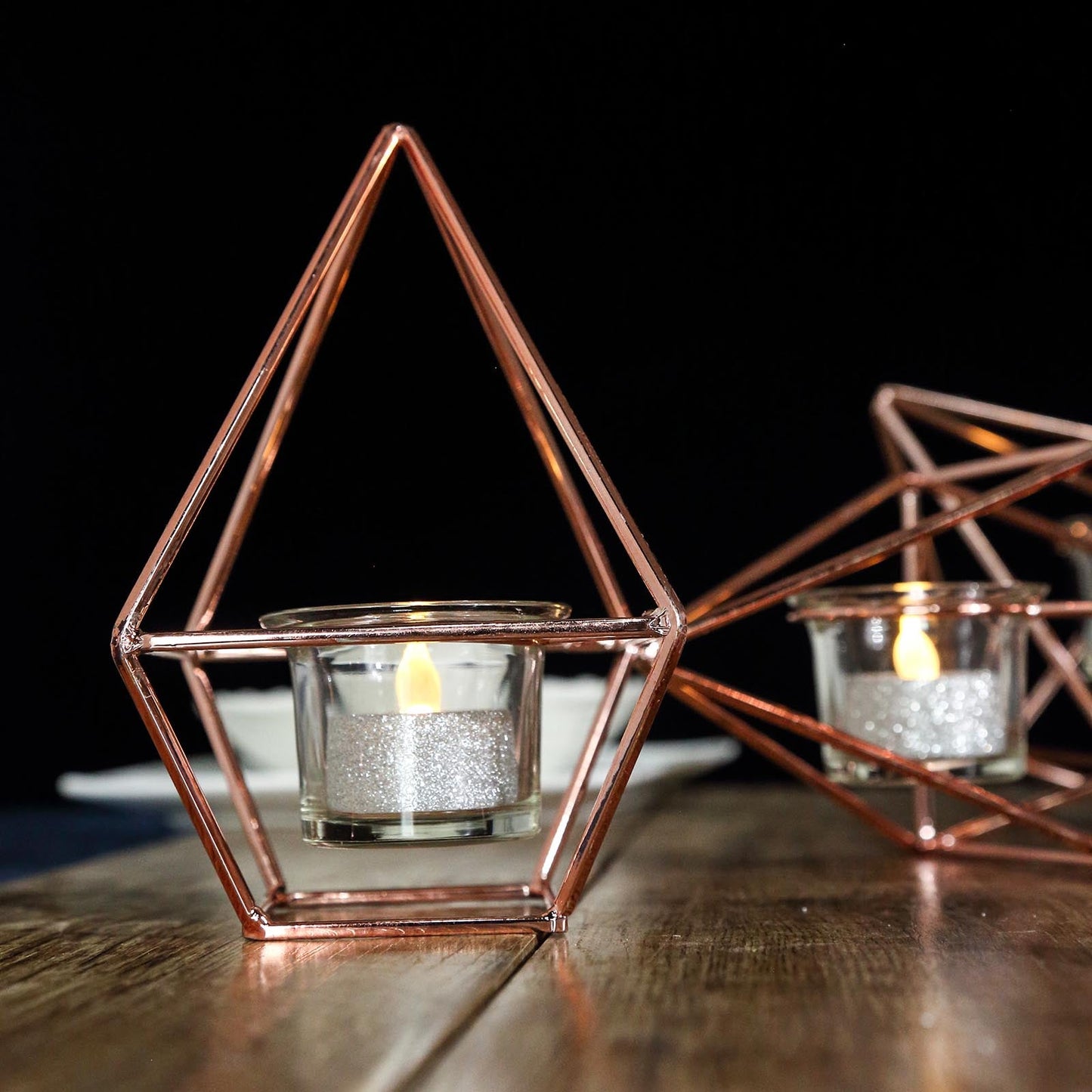 16" Rose Gold Geometric Candle Holder Set - Linked Metal Geometric Centerpieces with Votive Glass Holders