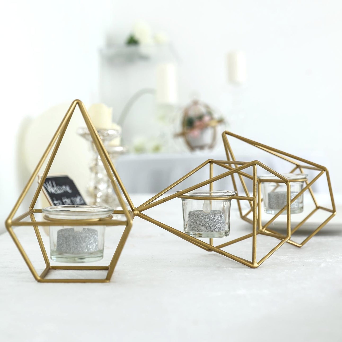 Geometric Linked Metal Tealight Candle Holder Set 16 Inch with Votive Glass Holders in Gold