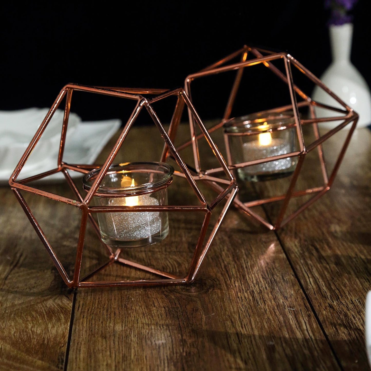 Geometric Linked Metal Candle Holder Set 11 Inch with Votive Glass Holders in Rose Gold