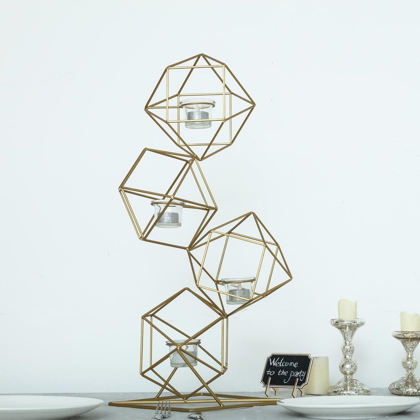 Geometric Linked Metal Tealight Candle Holder Set 25 Inch with Votive Glass Holders in Gold