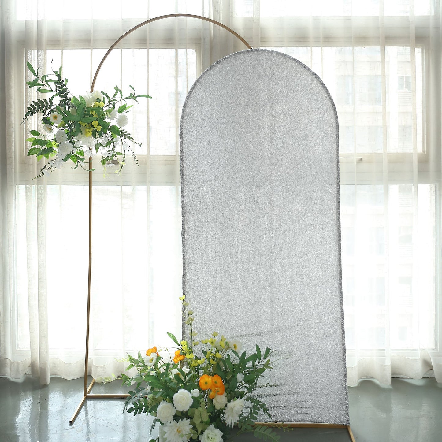 Spandex Arch Cover In Silver For 6 Ft Round Top Chiara Stand