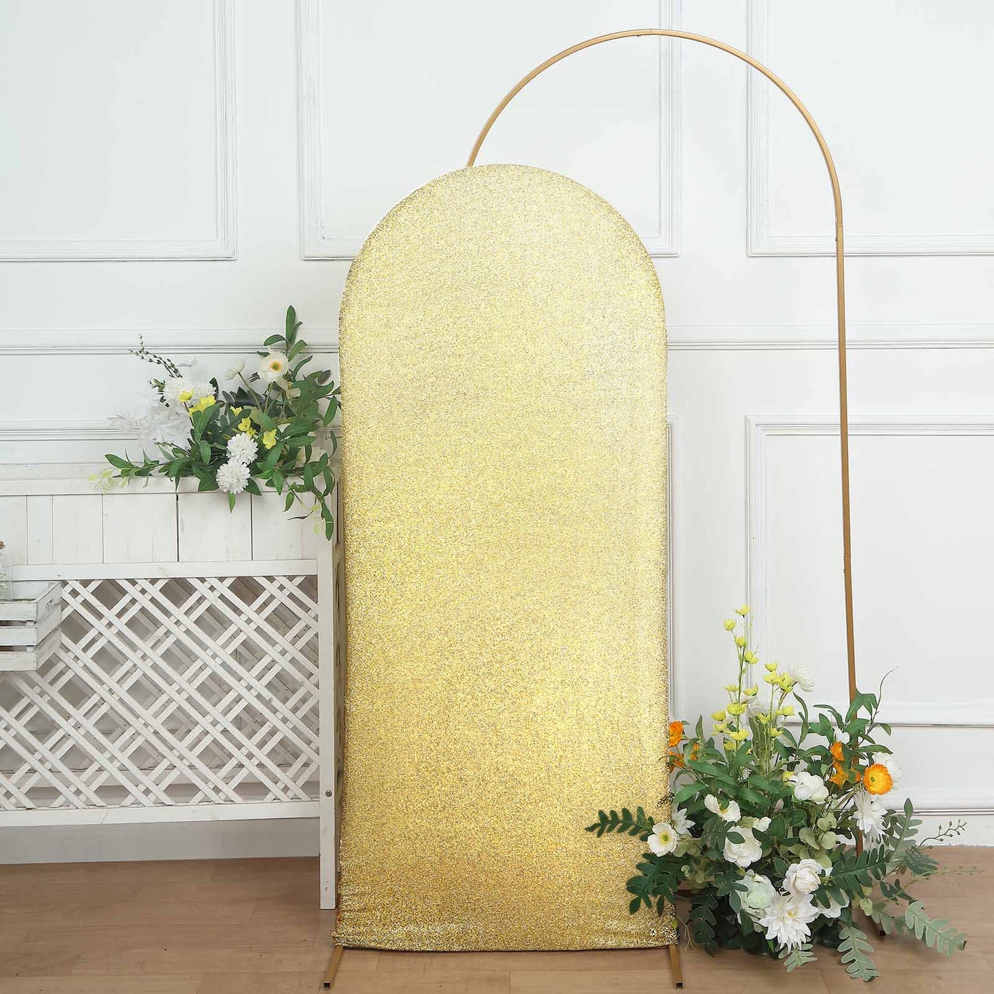 5ft Champagne Shimmer Tinsel Spandex Wedding Arch Cover For Fitted Round Top Chiara Backdrop Stand