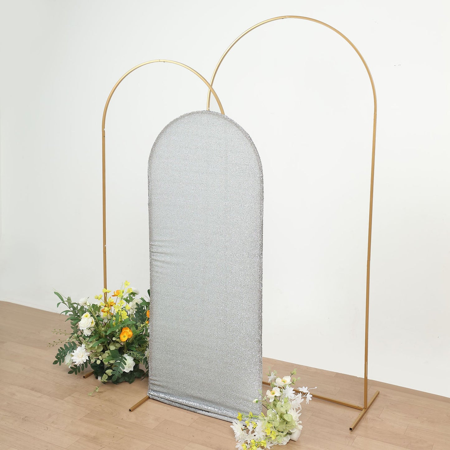 Silver Shimmer Tinsel Spandex Arch Cover for Round Top Chiara Backdrop Stand 5 Feet